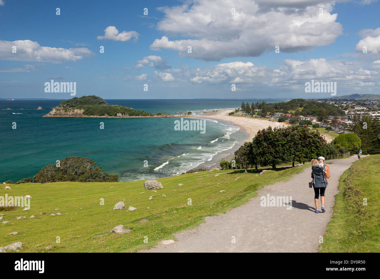 Tauranga, Nouvelle-Zélande - femme avec bébé au dos le chemin escarpé des randonnées sur la montagne surplombant la ville et la baie d'Abondance Banque D'Images