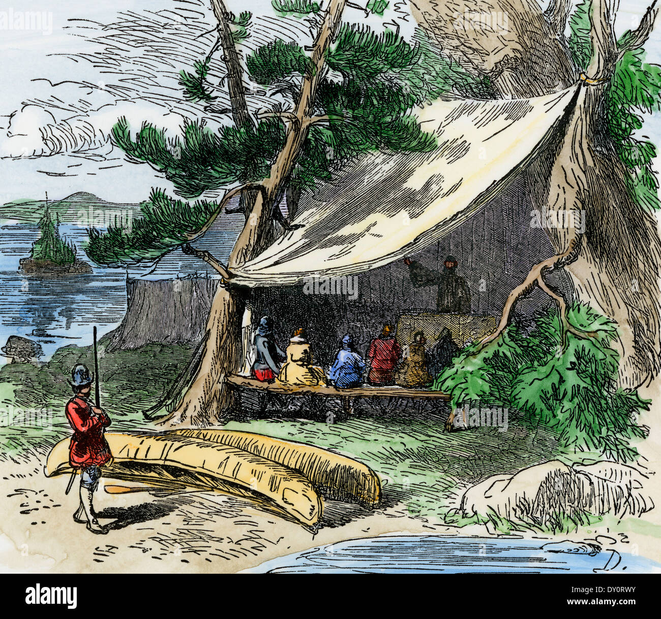 Services religieux de fortune à Jamestown, la colonie de Virginie, 1607. À la main, gravure sur bois Banque D'Images