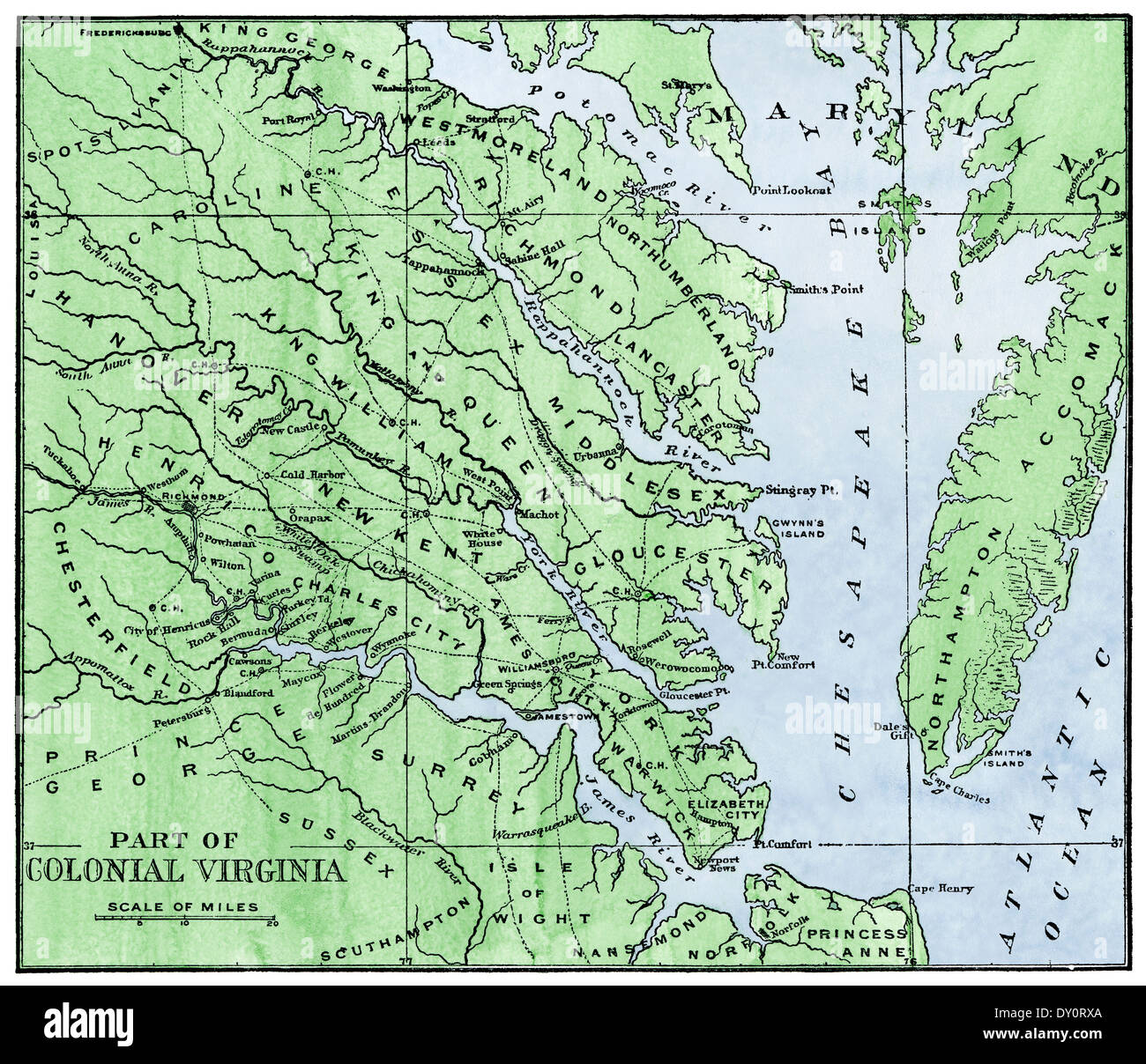 Carte de la partie orientale de la Virginie coloniale, 1700. À la main, gravure sur bois Banque D'Images