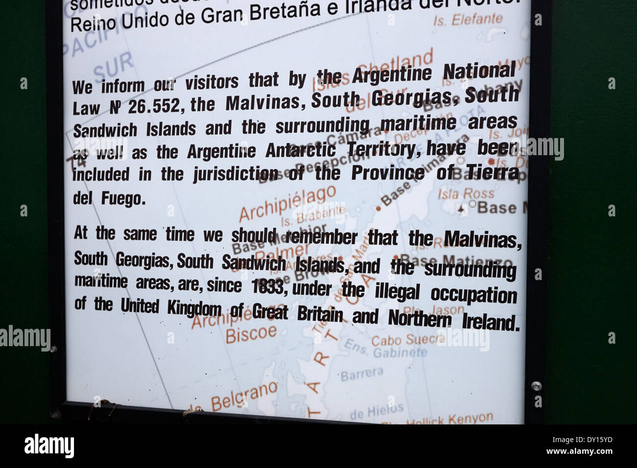 Avis de propriété ushuaia proclamant islas malvinas et occupation illégale par le Royaume-Uni argentine Banque D'Images