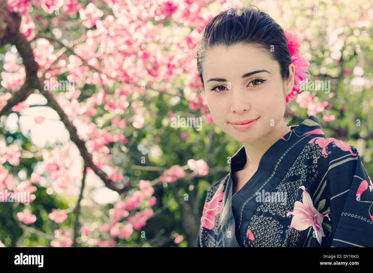 Hanami cherry blossom affichage dans l'Okinawa, Japon. Jeune femme portant un yukata traditionnel japonais (kimono d'été ) Banque D'Images