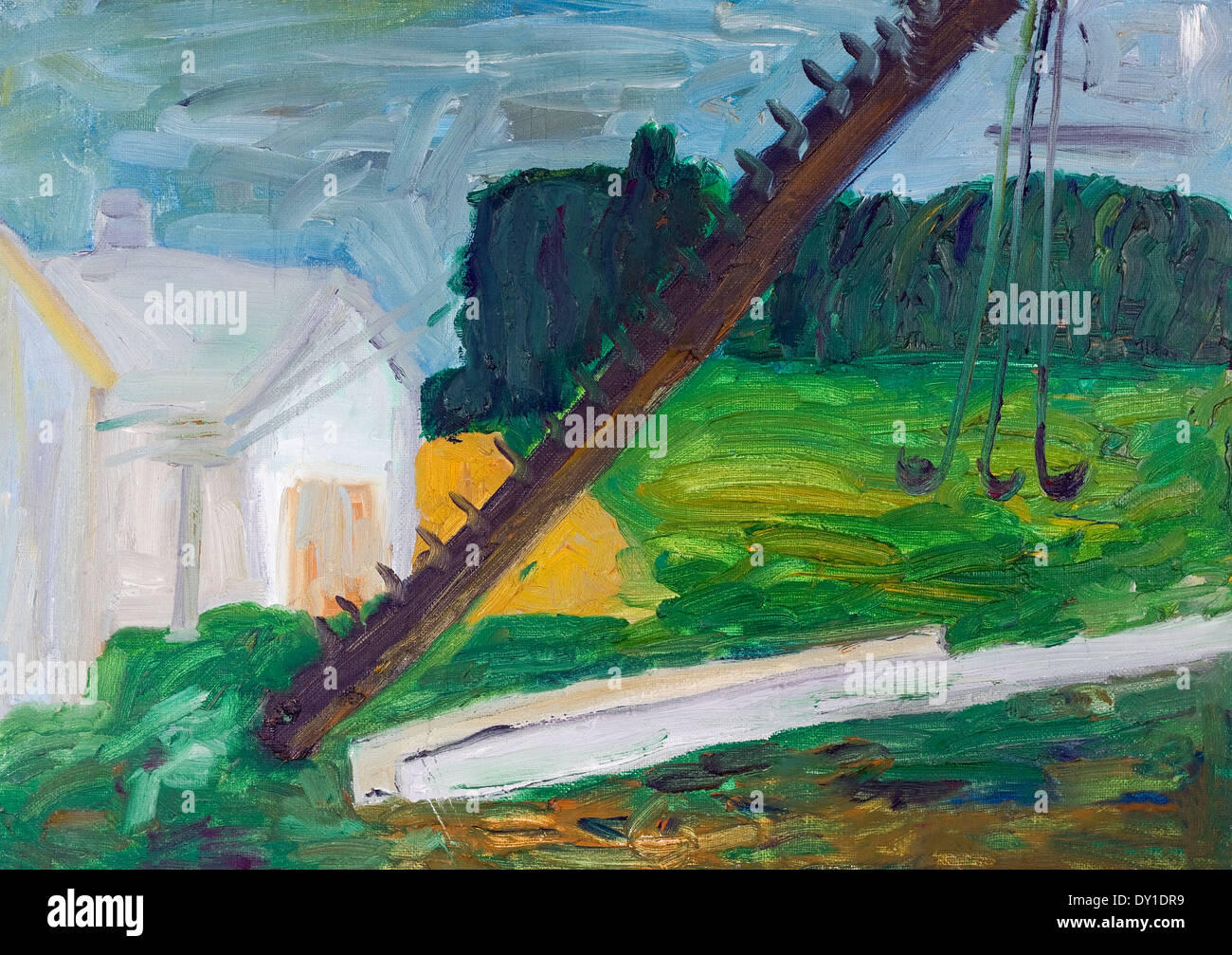 Abstract paysage rural-marais, forêt et la maison. Huile naïf fait main illustration peinte sur toile Banque D'Images