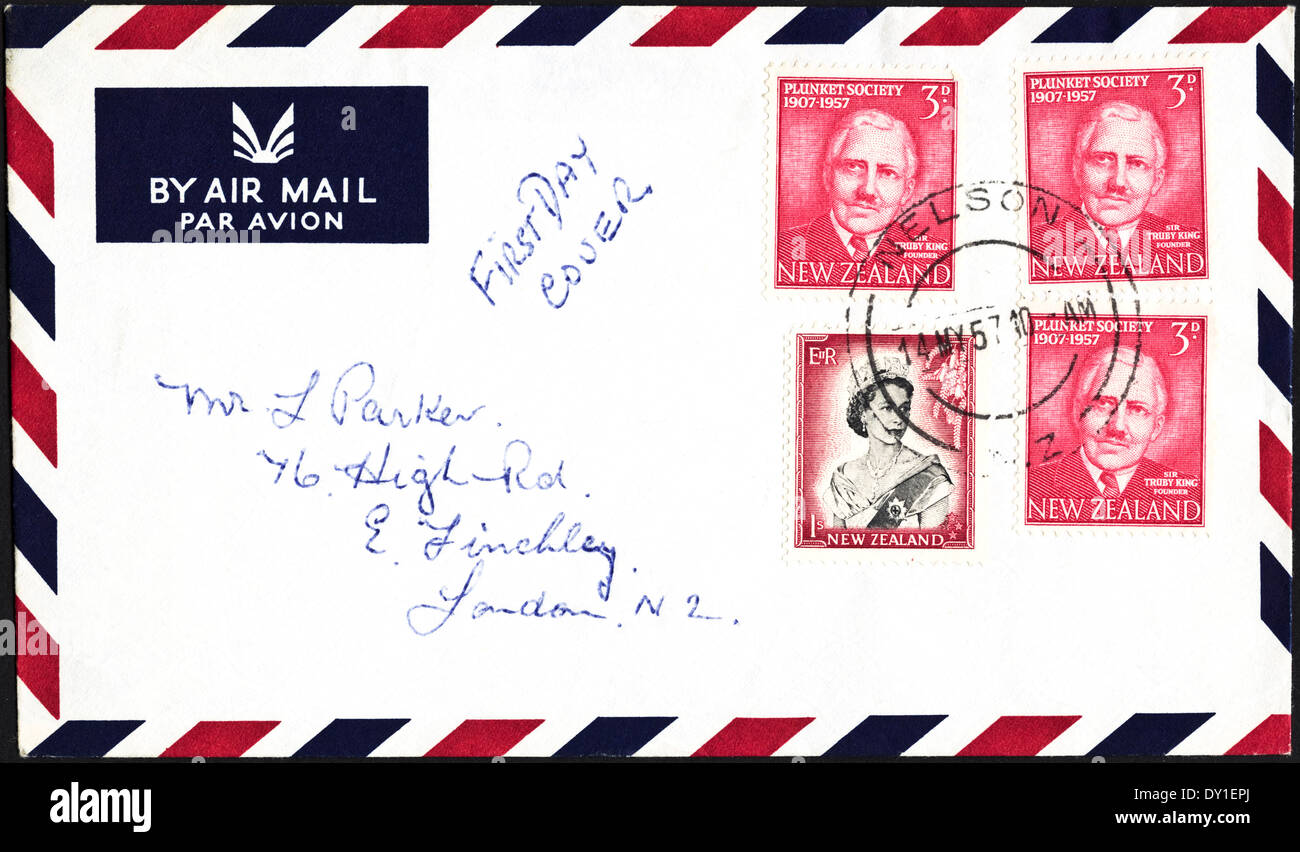 Enveloppe premier jour 1907 - 1957 La société Plunket Nelson Nouvelle-zélande cachet 14 mai 1957 timbres-poste 3d sur enveloppe de la poste aérienne Banque D'Images