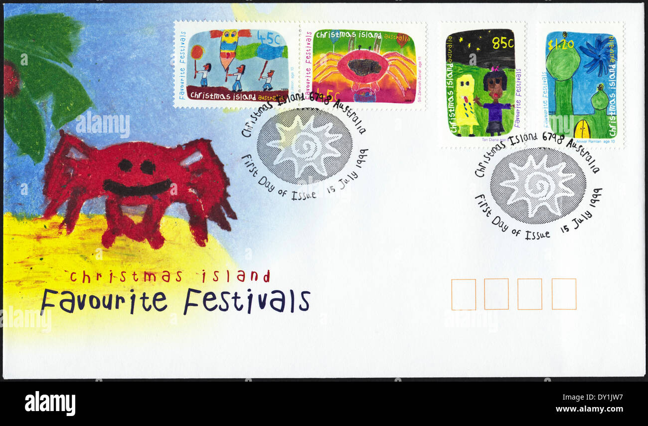 Le pli premier jour commémoratif des timbres de l'Île Christmas Festivals favoris cachet 15 Juillet 1999 Banque D'Images