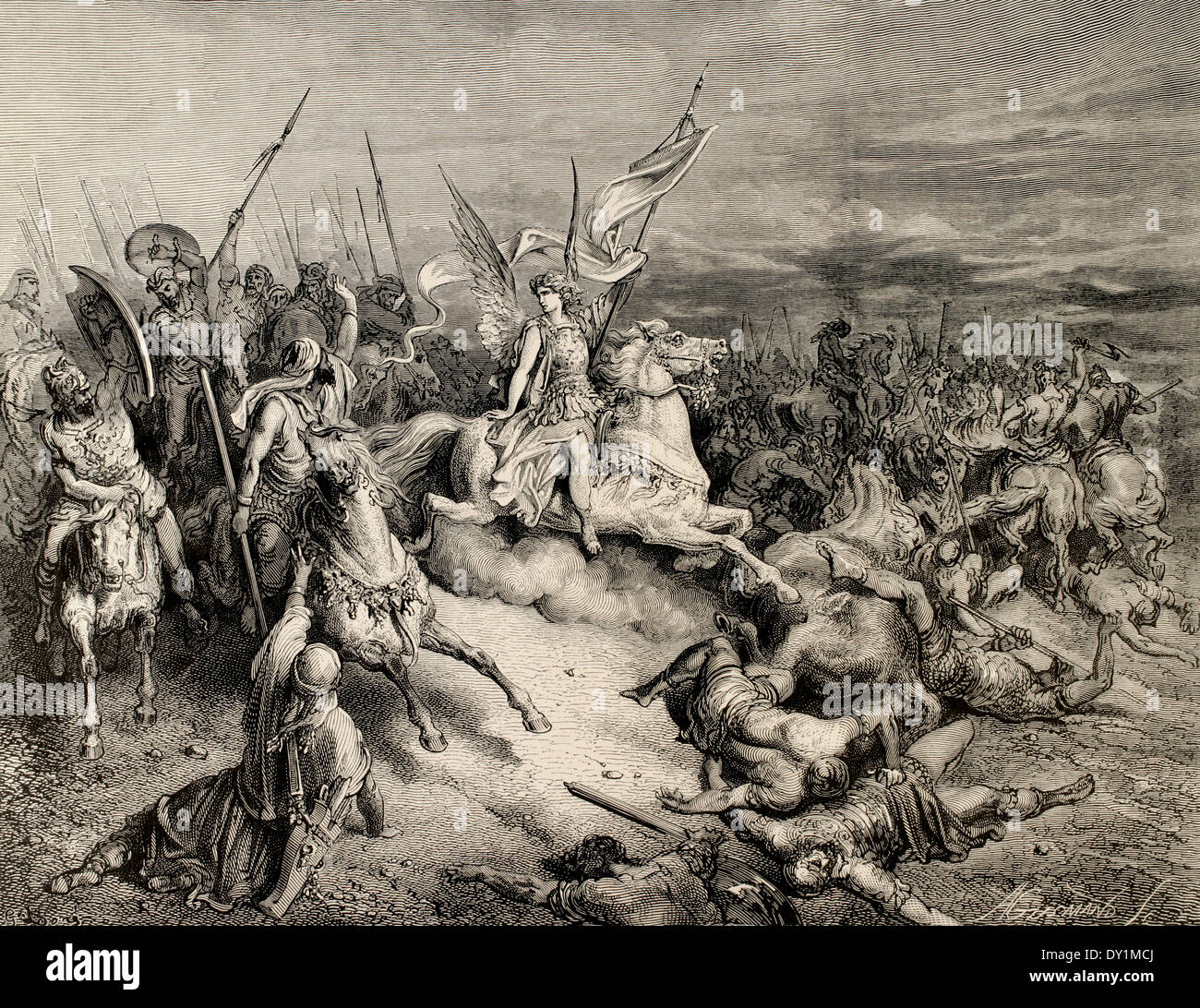 Un ange en armure d'or est envoyé pour délivrer les Israélites. Maccabées II 11. Dessiner par Gustave Dore Banque D'Images