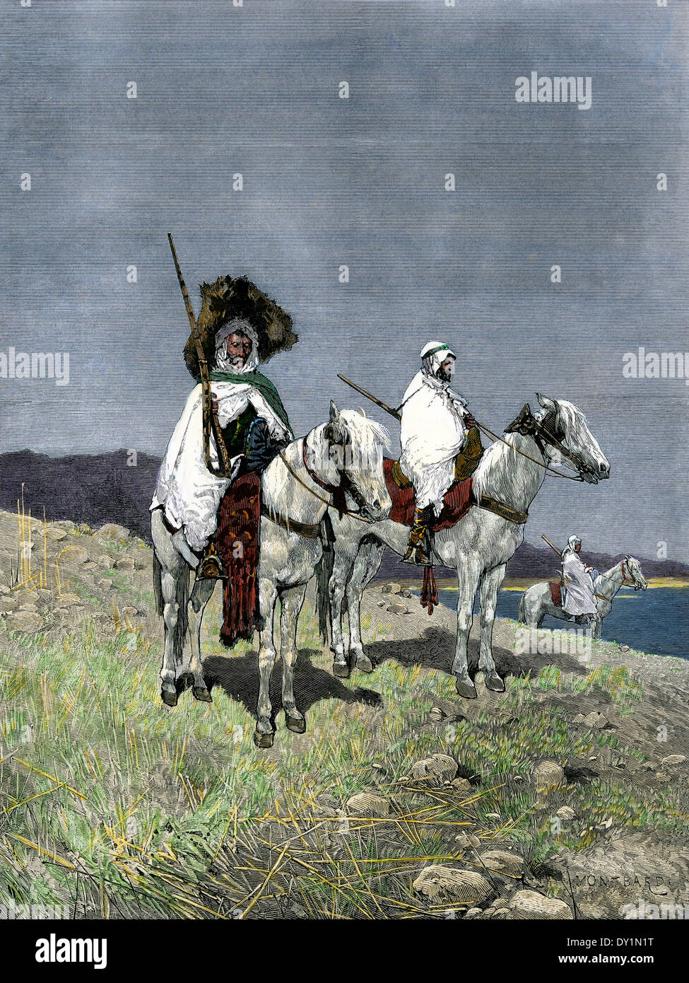 Les troupes arabes indigènes utilisées pour établir le protectorat français en Tunisie, 1880. À la main, gravure sur bois Banque D'Images