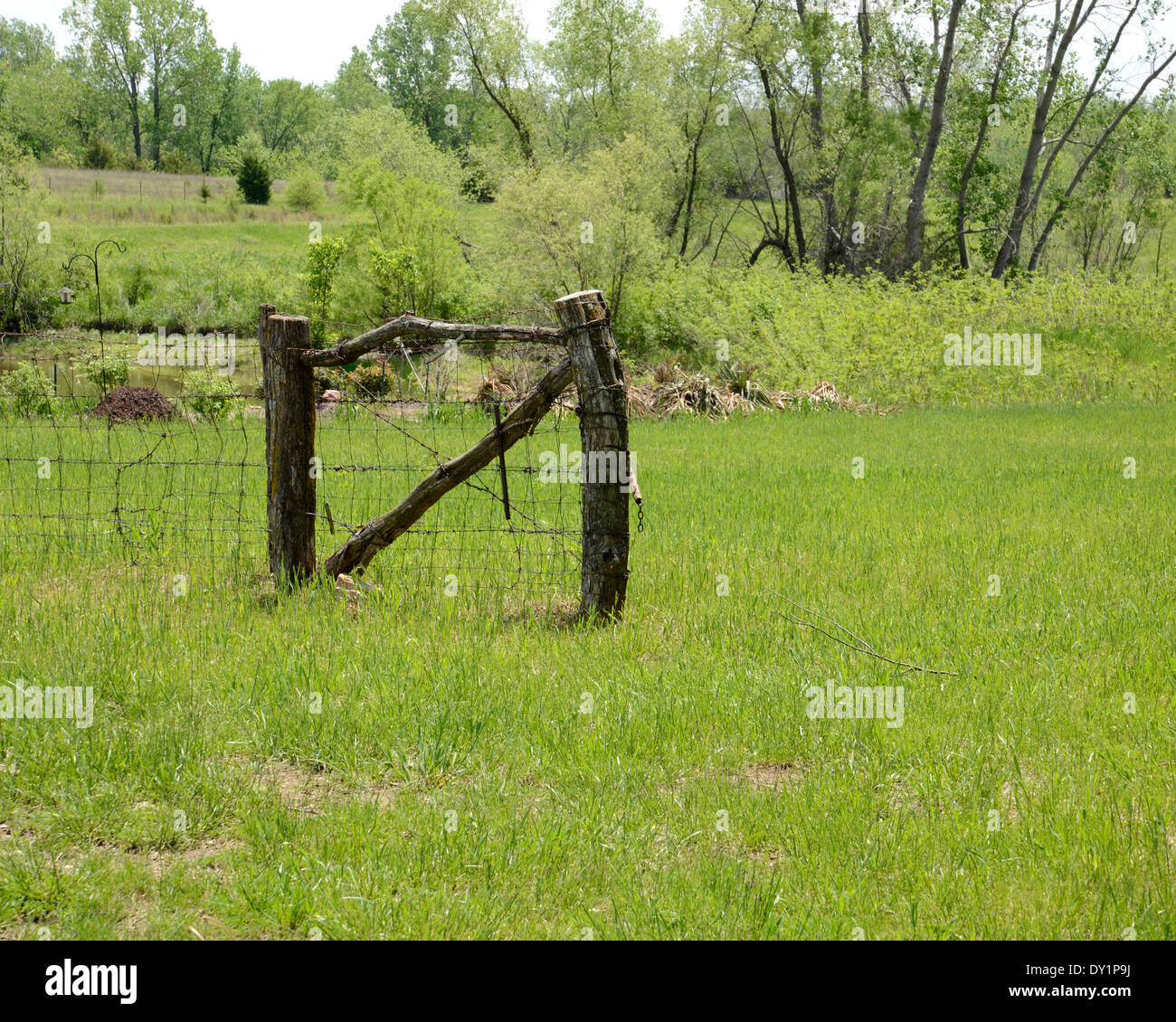 Vieille porte en bois faite de troncs d'arbres dans un champ d'herbe des prairies en milieu rural au Kansas. Banque D'Images