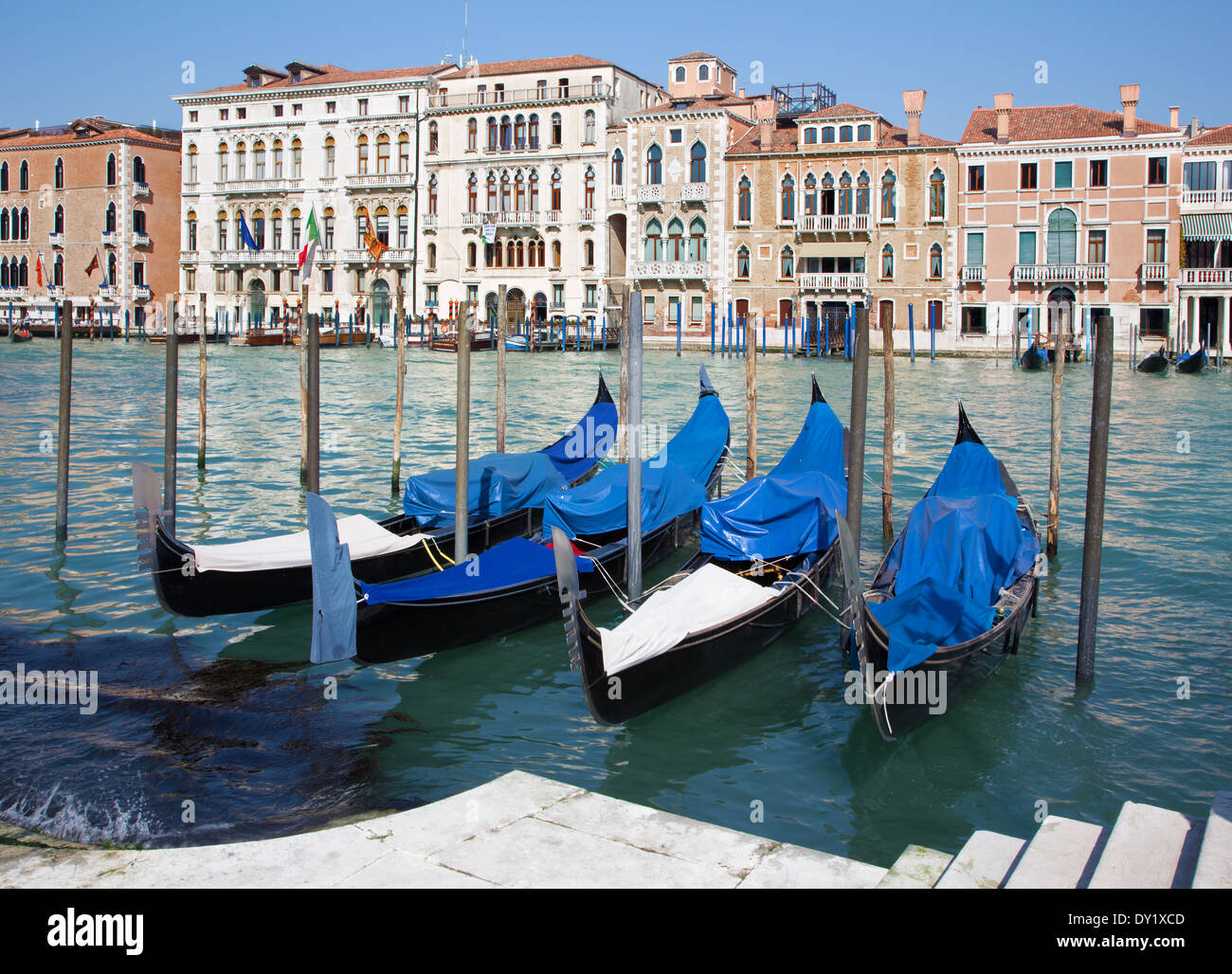 Venise - Canal Grande et gondoles pour l'église Santa Maria della Salutte. Banque D'Images