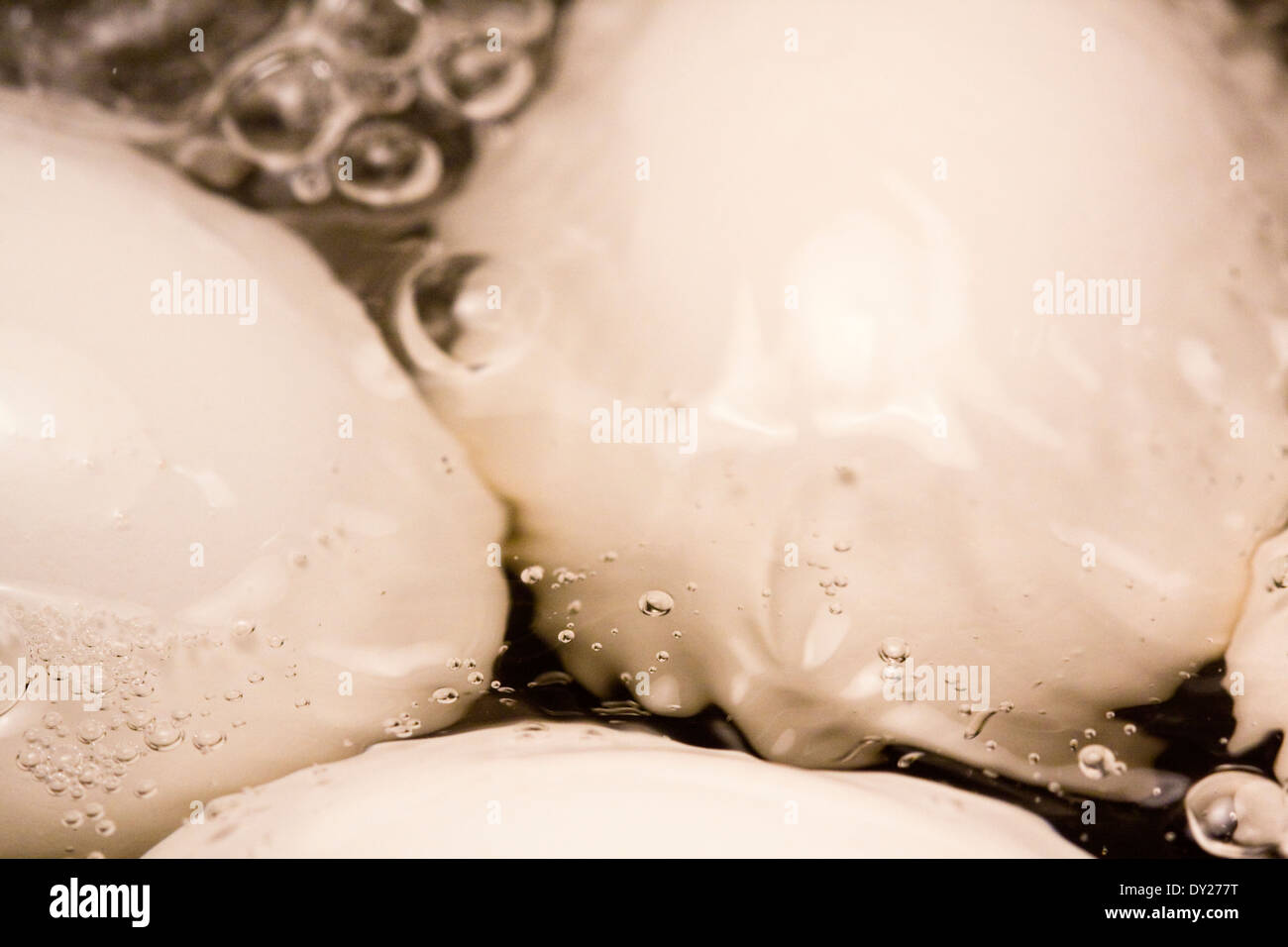 Des bulles apparaissent à la surface de l'eau bouillante comme quatre oeufs blancs sont cuits dans un pot Banque D'Images