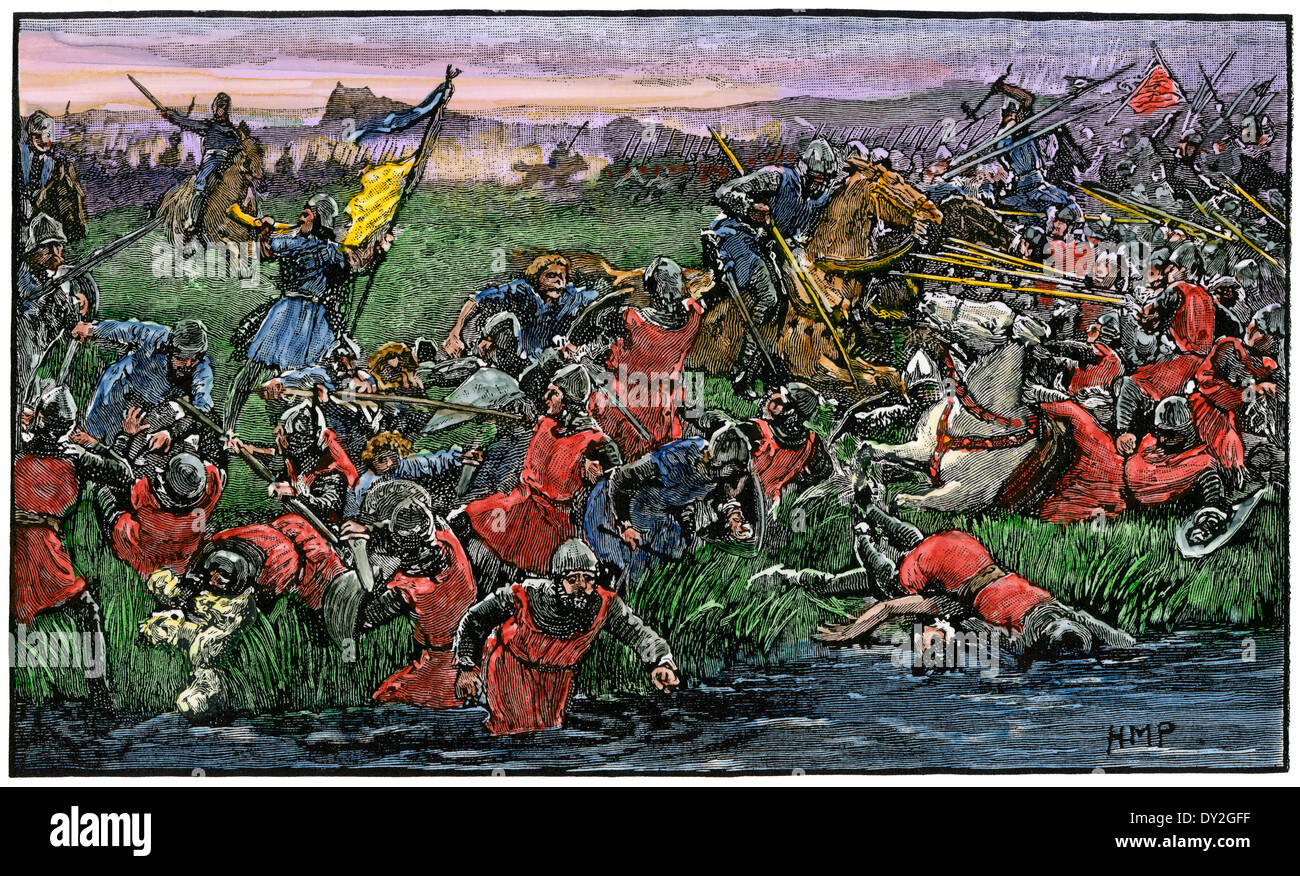 Rout sylvestre l'armée anglaise à la bataille de Bannockburn, 1314. À la main, gravure sur bois Banque D'Images