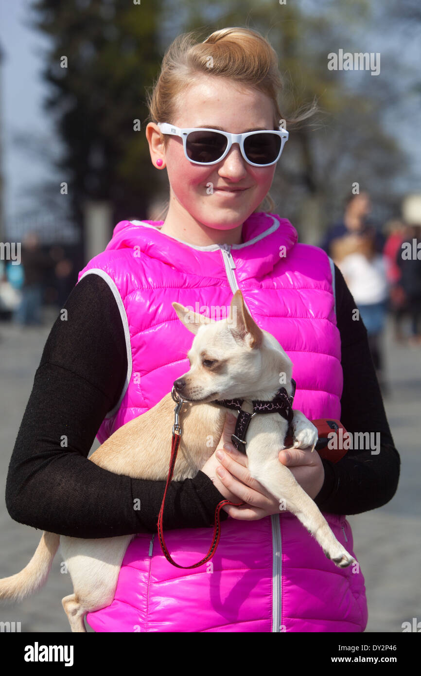 Vacances d'adolescence, fille marchant avec chien-chihuahua Prague République tchèque Banque D'Images