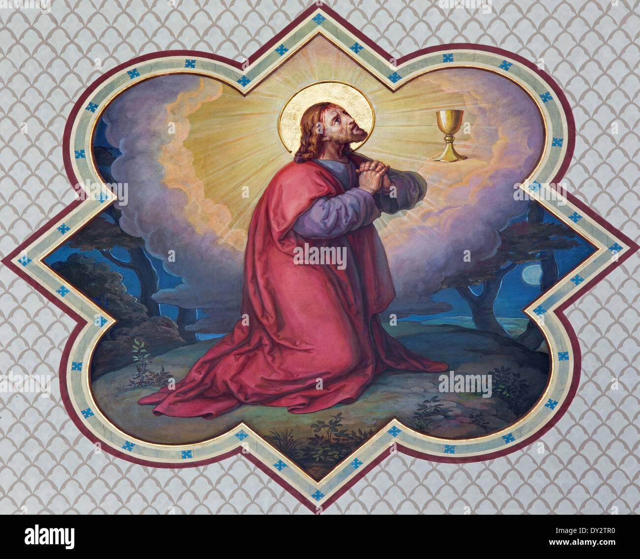 Vienne - Fresque de la prière du Christ à Gethsémani dans le jardin de l'église des Carmélites à Dobling de commencer 20. 100. par Josef Kastner. Banque D'Images