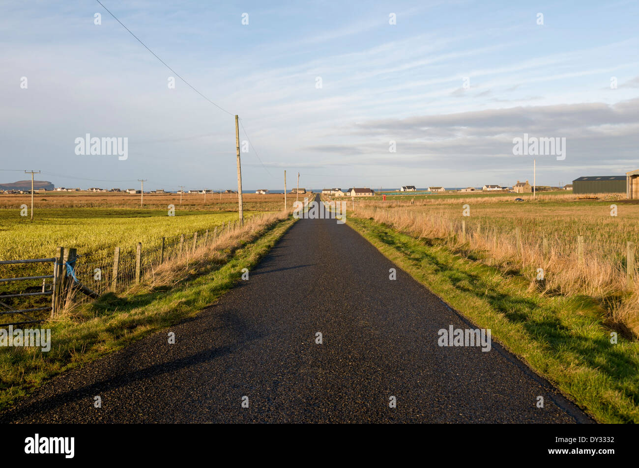 Une longue route droite près de Skarfskerry, Caithness, Ecosse, Royaume-Uni Banque D'Images