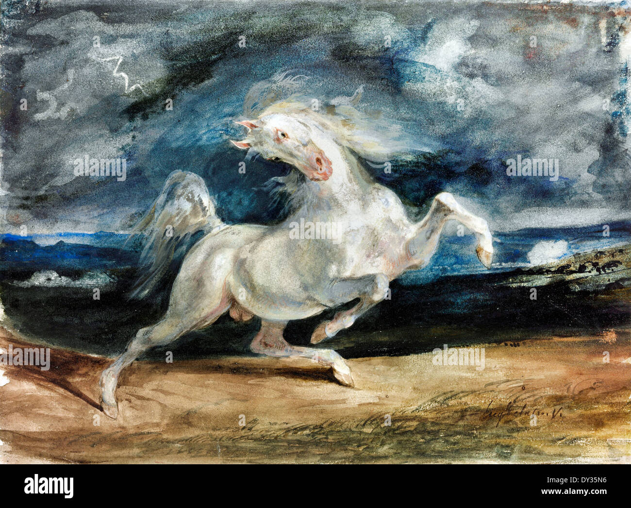 Eugène Delacroix, Cheval effrayé par la foudre 1825-1829 Aquarelle. Musée des beaux-arts, Budapest, Hongrie. Banque D'Images