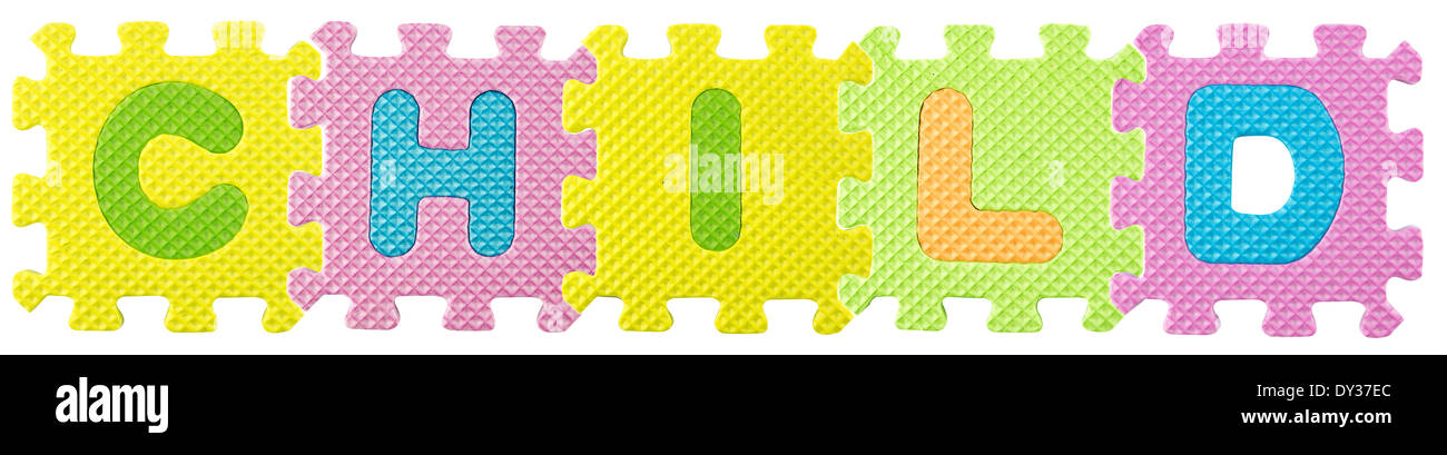 Mot de l'enfant créé à partir d'Alphabet puzzle isloated sur fond blanc , with clipping path. Banque D'Images