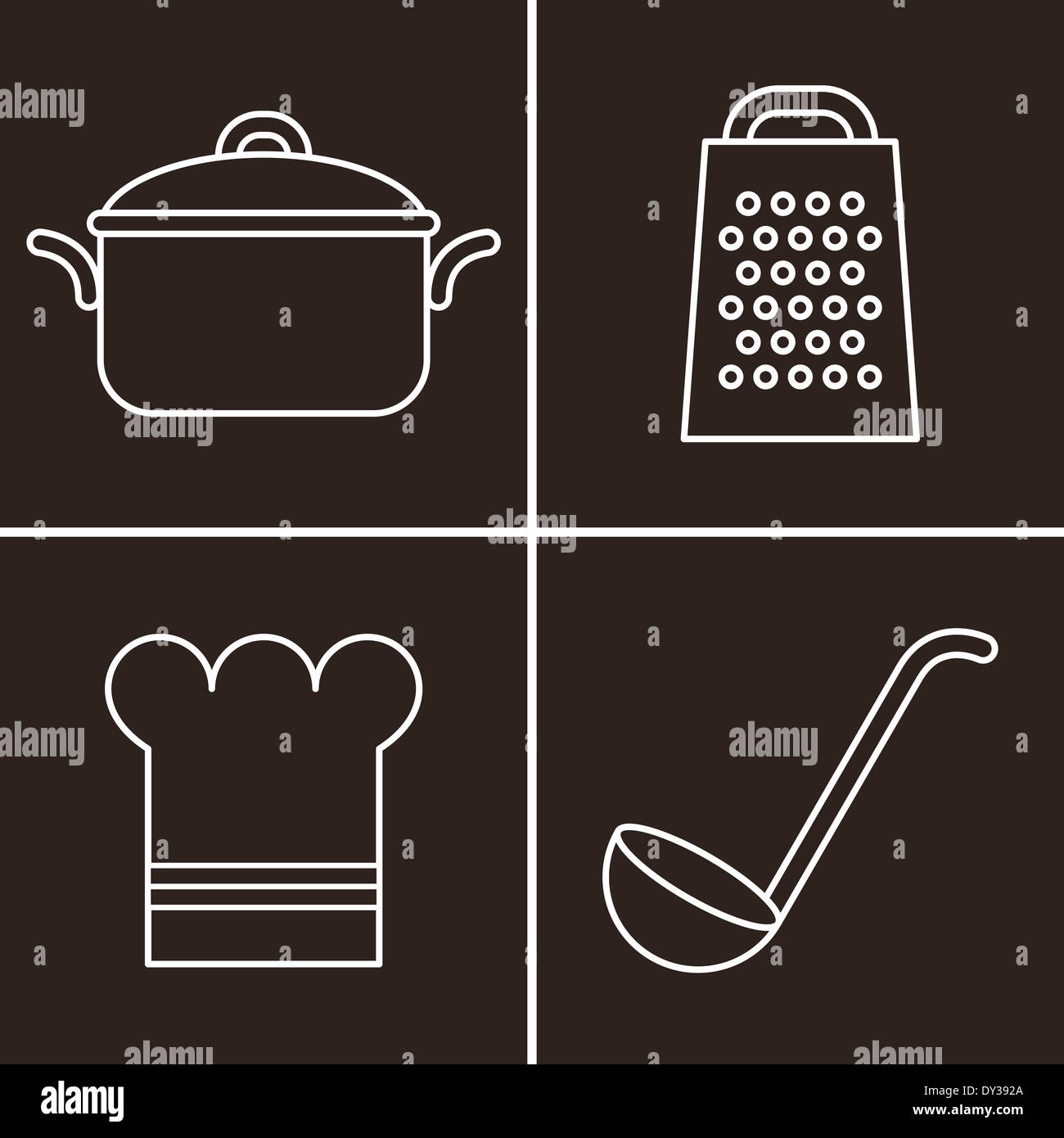 Casserole, râper, louche et chef - symboles de cuisine Banque D'Images