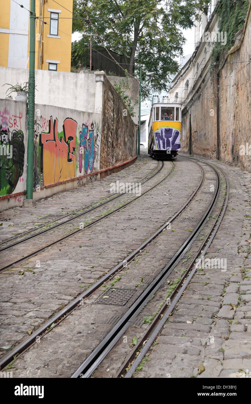 L'Elevador do Lavra Lavra (ou funiculaire), la plus ancienne rue funiculaire au monde, Lisbonne (Lisboa) au Portugal. Banque D'Images