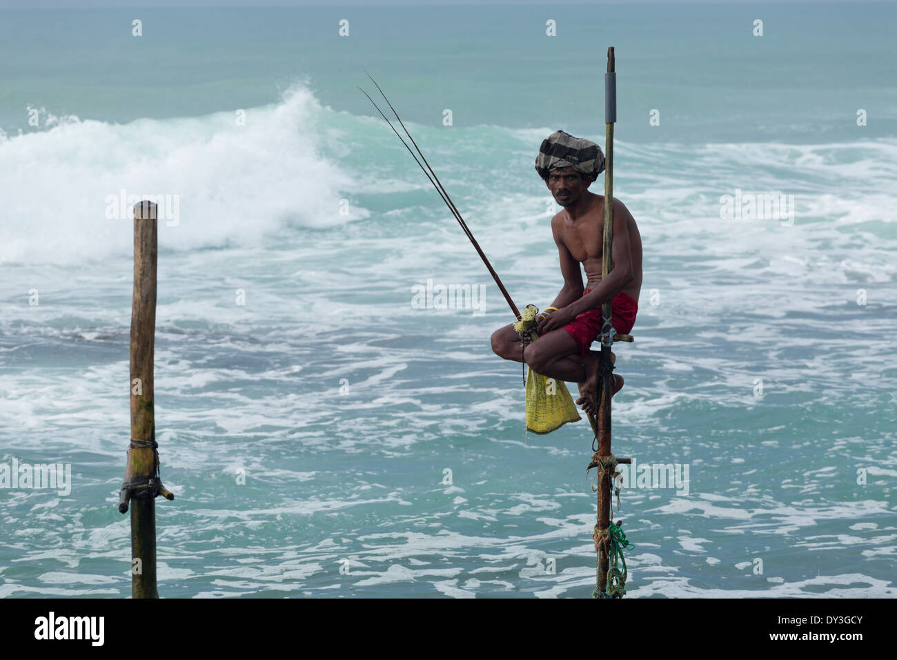 Koggala, Sri Lanka, l'Asie du Sud. Pêcheurs sur pilotis Banque D'Images