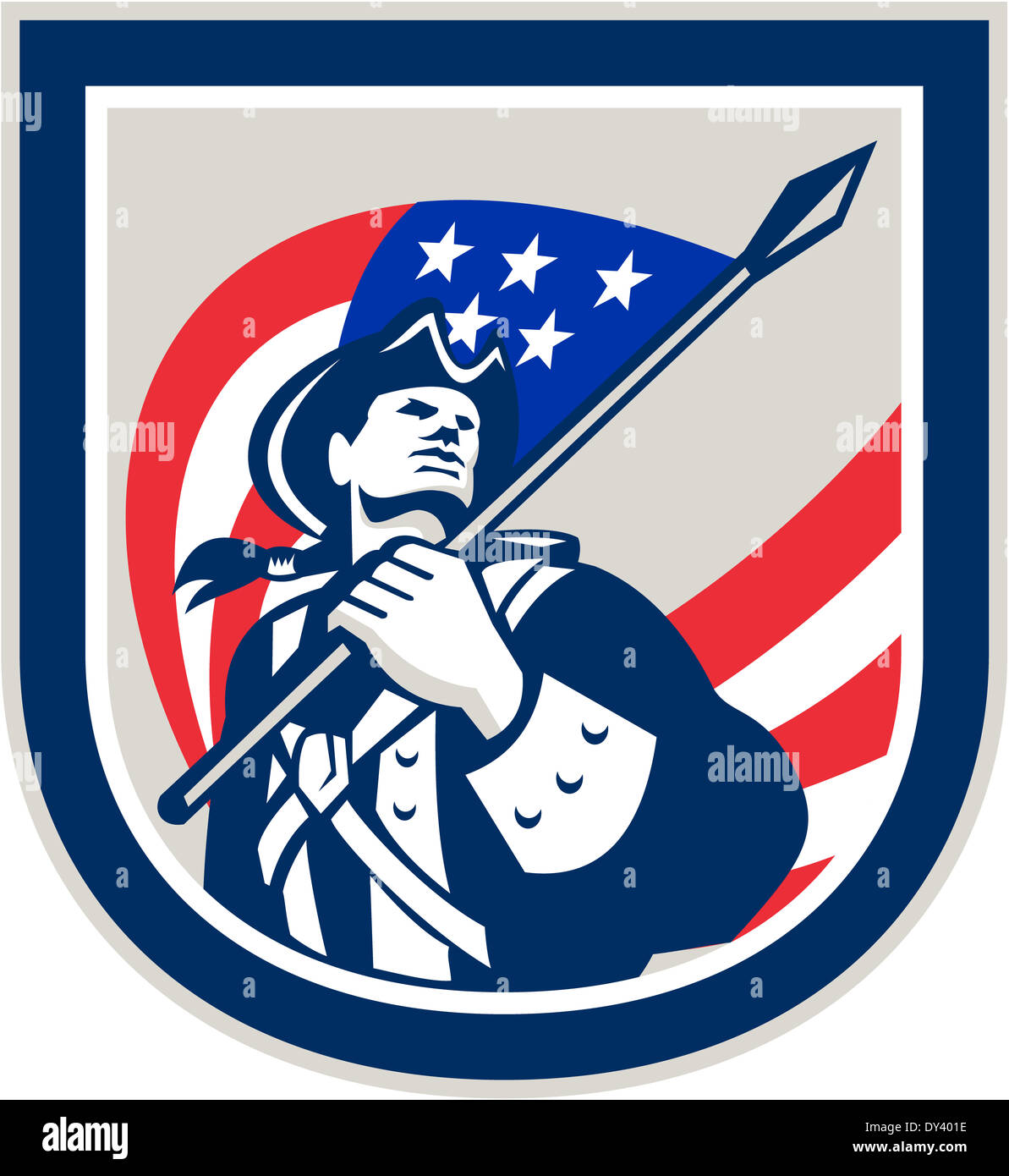 Illustration d'un patriote américain tenant un drapeau USA stars and stripes jusqu'à l'intérieur set bouclier crest isolées sur fond blanc. Banque D'Images