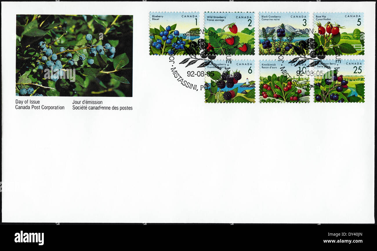 Le pli premier jour de commémoration Canada timbres-baies comestibles Mistassini cachet 5e Août 1992 Banque D'Images