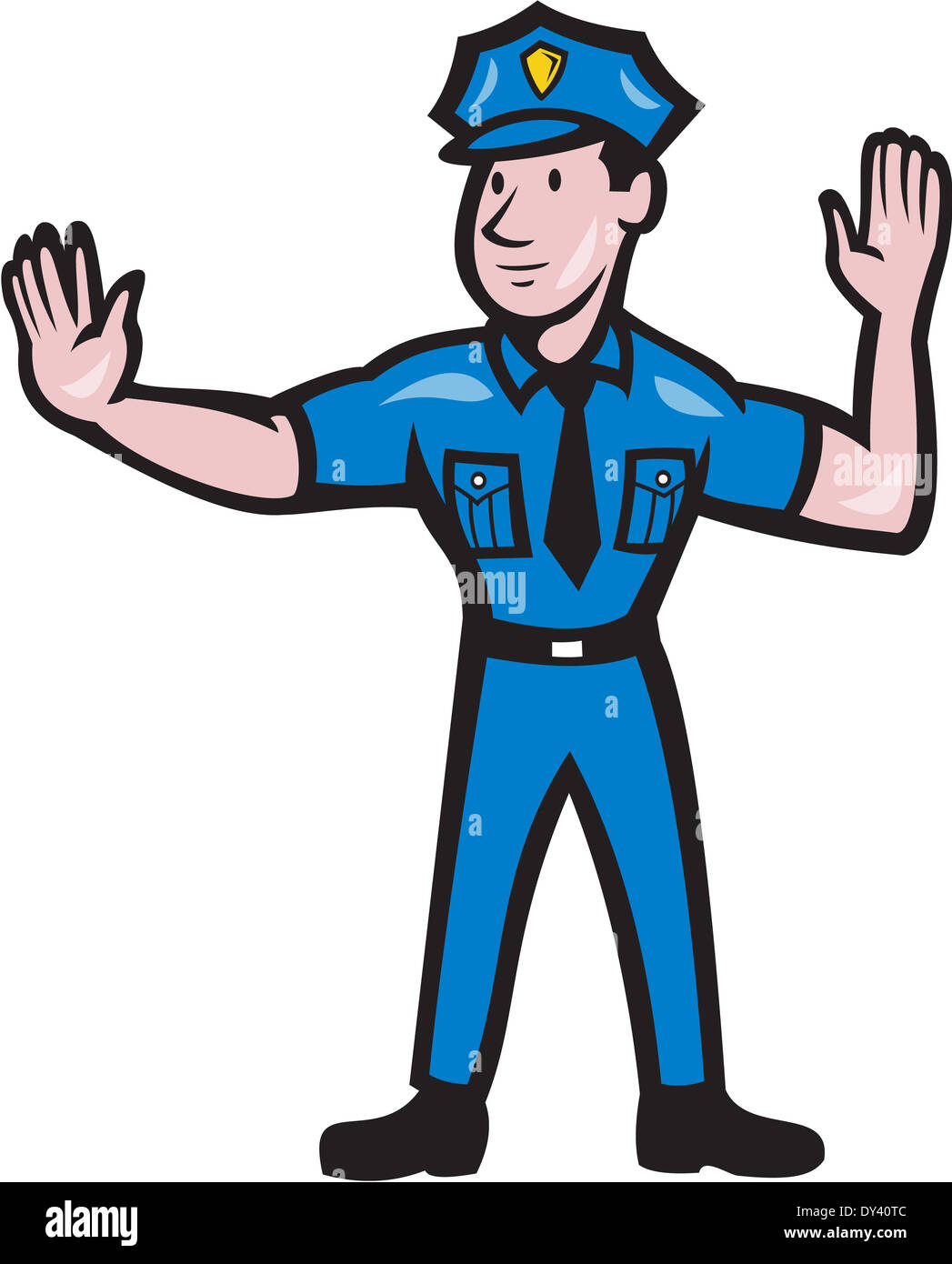 Illustration d'un agent de la police agent de la circulation en faisant un arrêt signal à main en geste cartoon style sur fond isolé. Banque D'Images