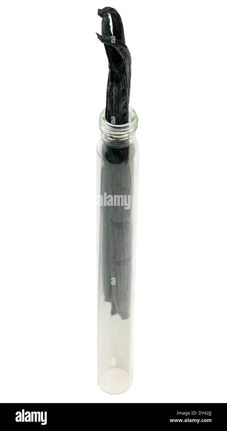 Trois gousses de vanille dans un récipient en verre Banque D'Images