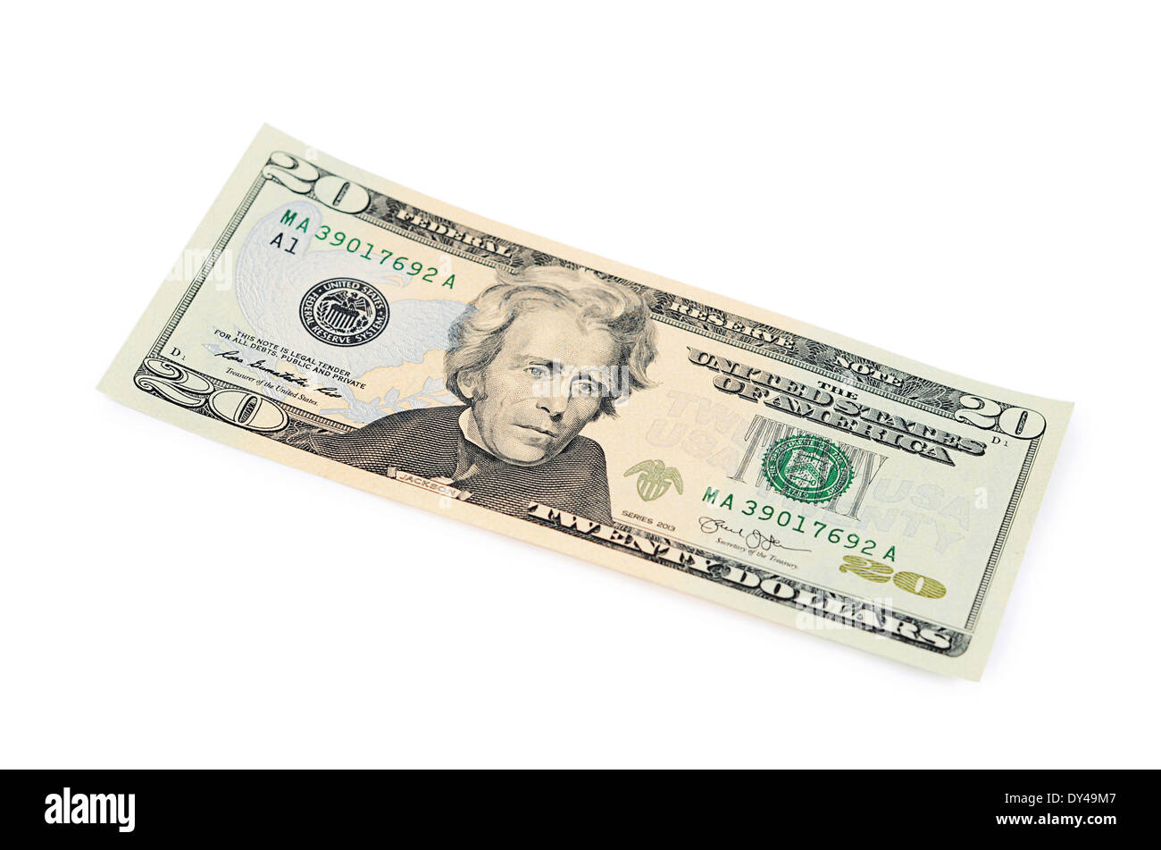 Les vingt dollars isolé sur fond blanc Banque D'Images