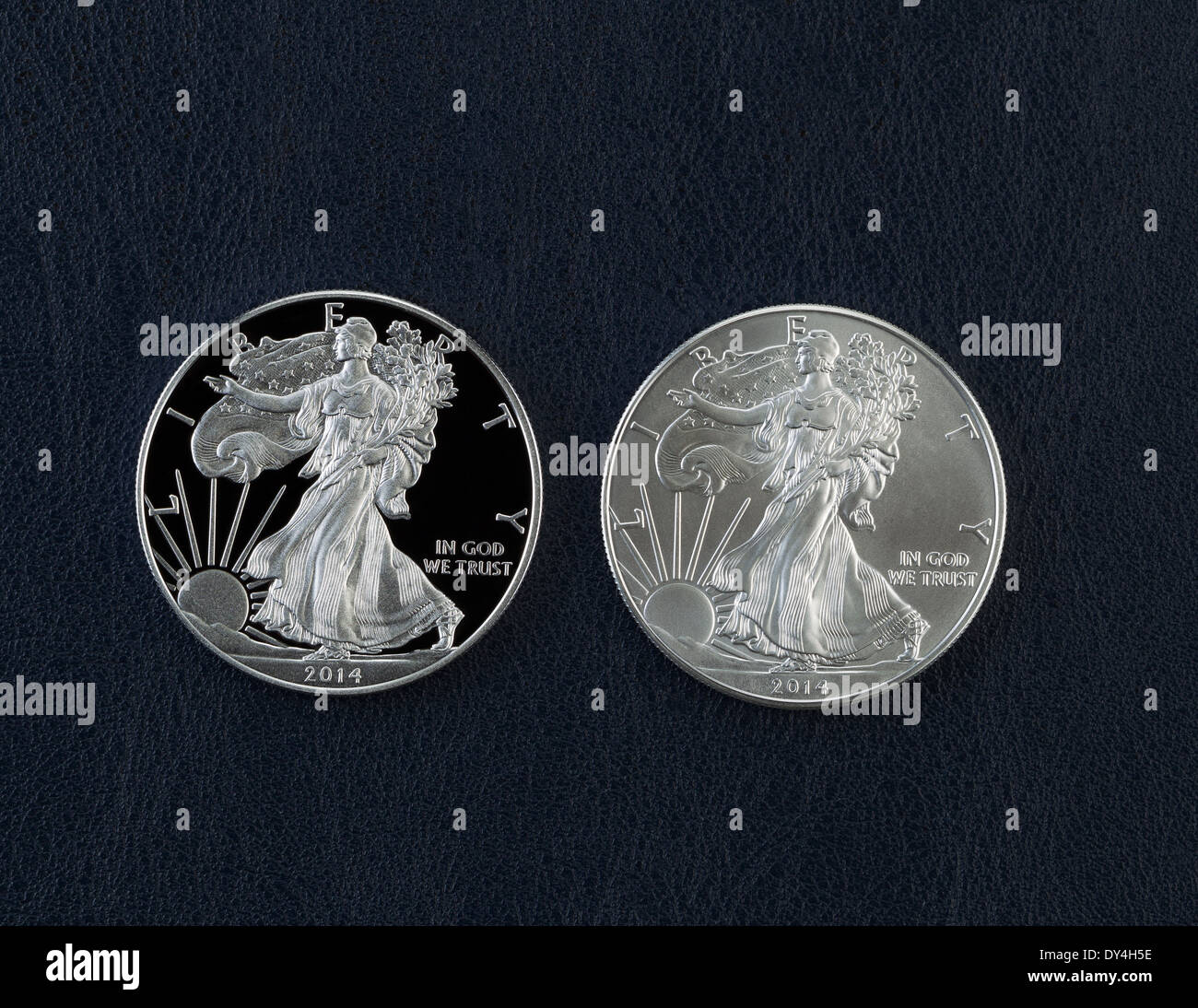 Photo Gros plan d'une preuve et d'uncirculated American Silver Eagle Dollar Coins côte à côte sur support vinyle bleu foncé Banque D'Images