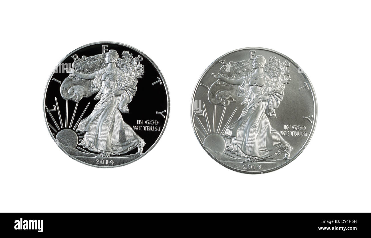 Photo Gros plan d'une preuve et d'uncirculated American Silver Eagle Dollar Coins côte à côte isolated on white Banque D'Images