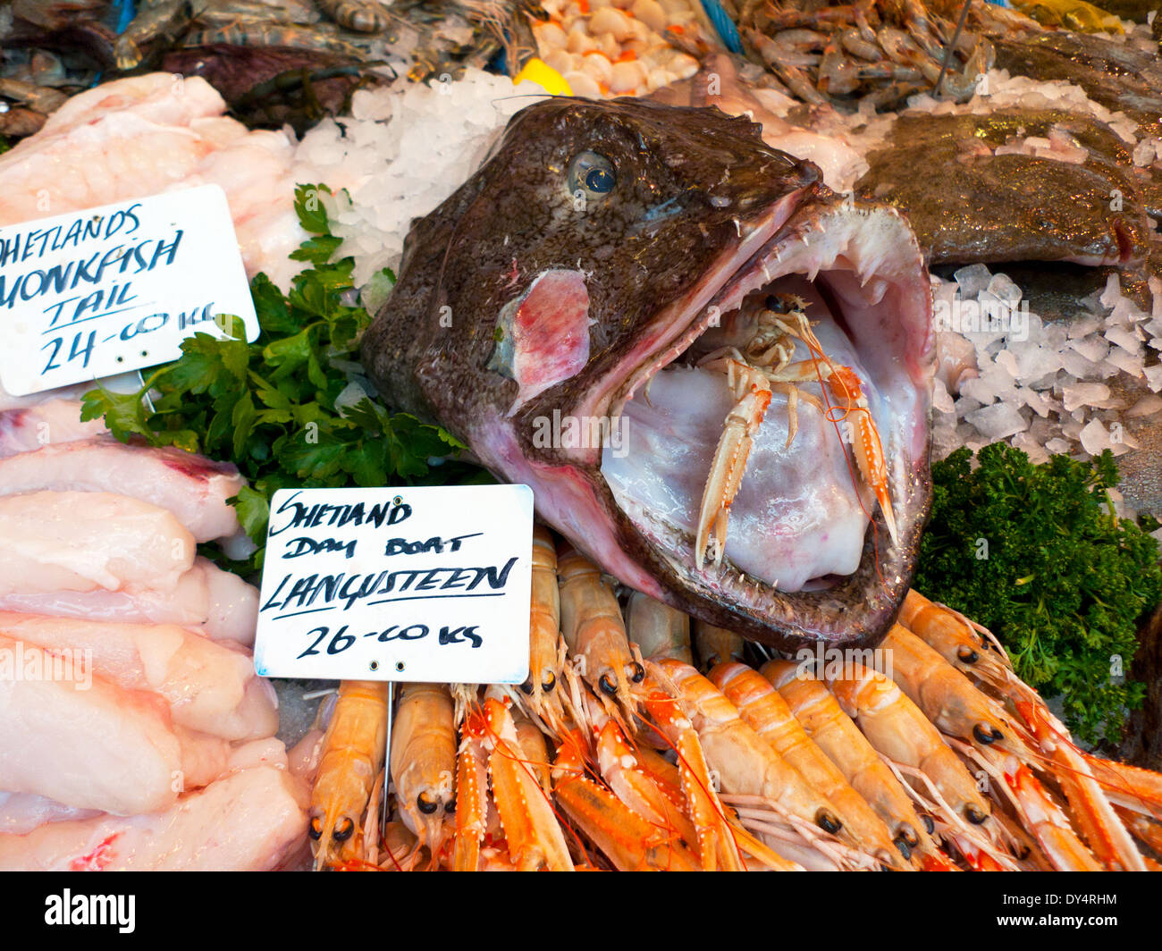 Borough Market stall poissons Queue de lotte Shetland écossais de vente et la langoustine sur glace à Southwark London, UK KATHY DEWITT Banque D'Images