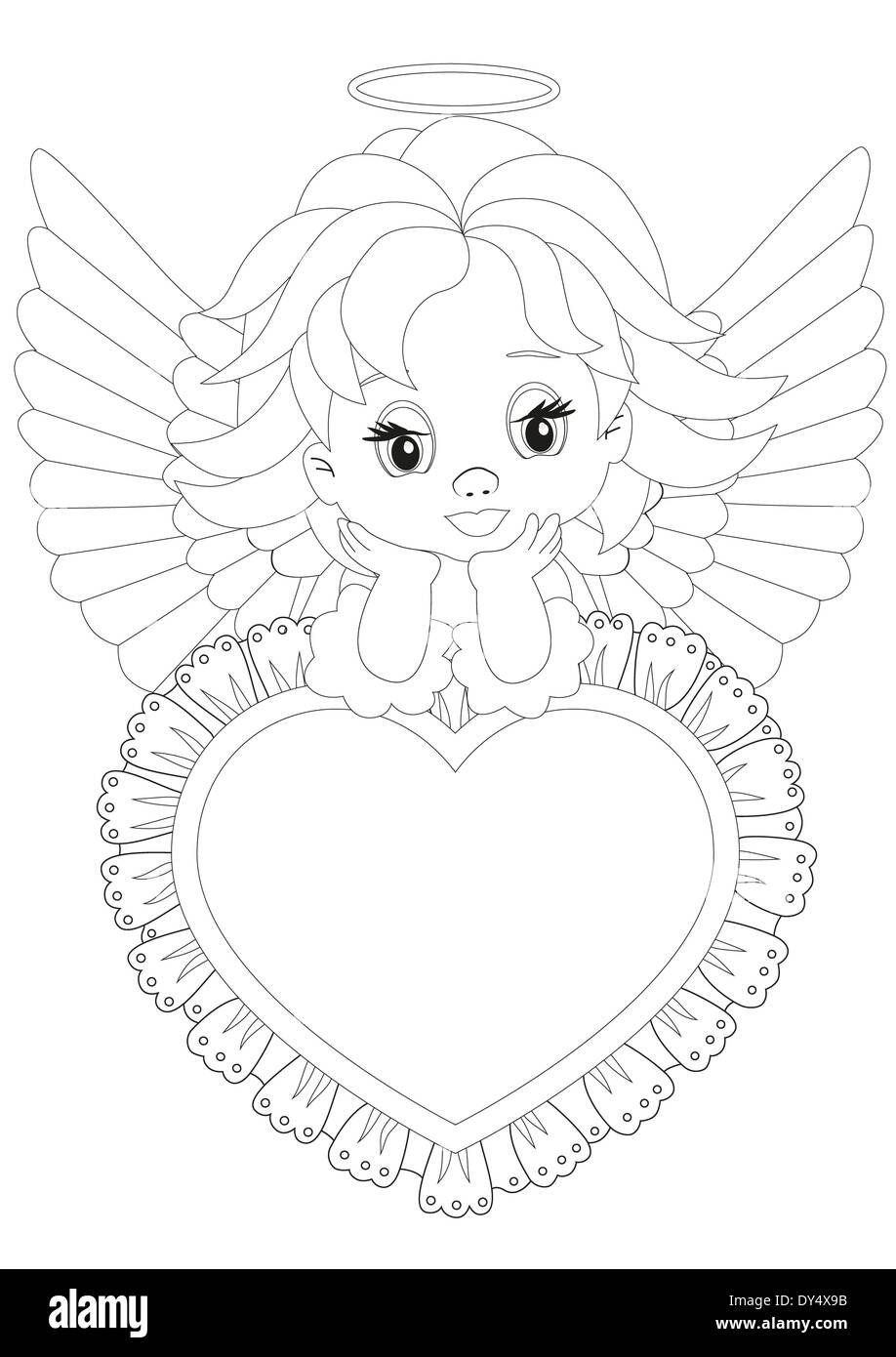 Coloriage Ange assis sur un coeur Banque D'Images