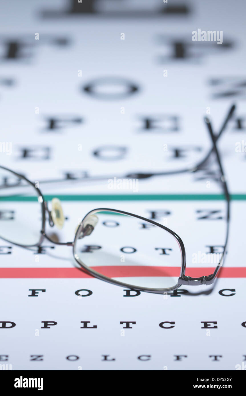 Lunettes de myope sur un diagramme de l'œil de Snellen Banque D'Images