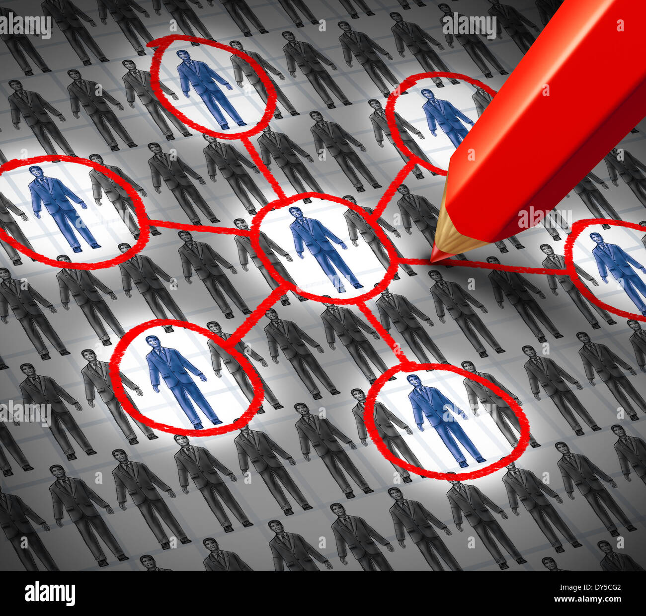 Des ressources d'affaires connexion concept comme un infographique dessin d'un groupe de gens d'affaires génériques symboles avec certains qui sont mis en évidence avec un crayon rouge comme une métaphore pour la construction de liens sociaux. Banque D'Images