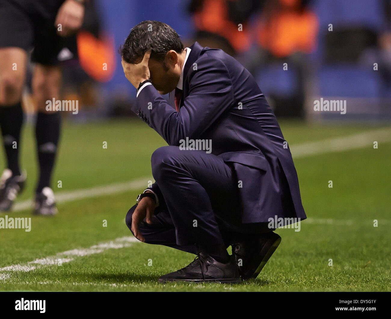 Valence, Espagne. 07Th avr, 2014. Ernesto Valverde entraîneur-chef de l'Athletic Bilbao réagit pendant le jeu de la Liga Levante UD à l'Athletic Bilbao au stade Ciutat de Valencia, Valence. Credit : Action Plus Sport/Alamy Live News Banque D'Images