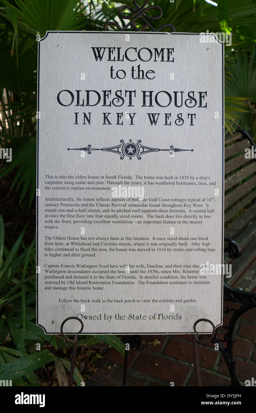 Affiche à l'extérieur de maison la plus ancienne à Key West, Floride Banque D'Images