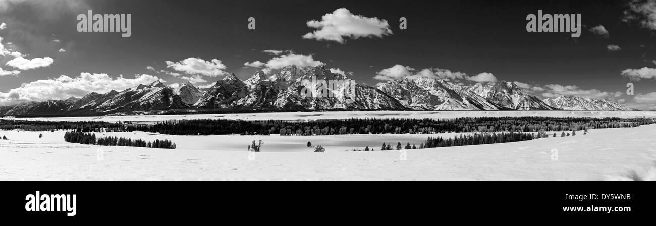 Noir & blanc hiver vue panoramique de la Teton Mountain Range, Wyoming, USA Banque D'Images