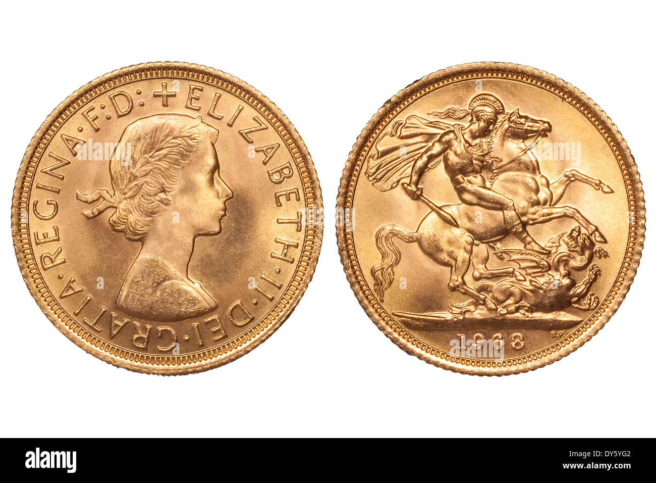 Souverain d'or Médaille du Royaume-Uni avec la reine Elizabeth II et de Saint Georges terrassant le dragon en date du 1968. JMH6121 Banque D'Images