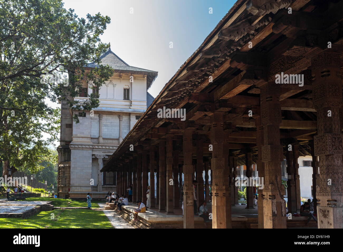 Les colonnes en pierre de l'air libre, d'une salle d'audience, Temple de la Dent Sacrée, Site de l'UNESCO, Kandy, Sri Lanka, Asie Banque D'Images
