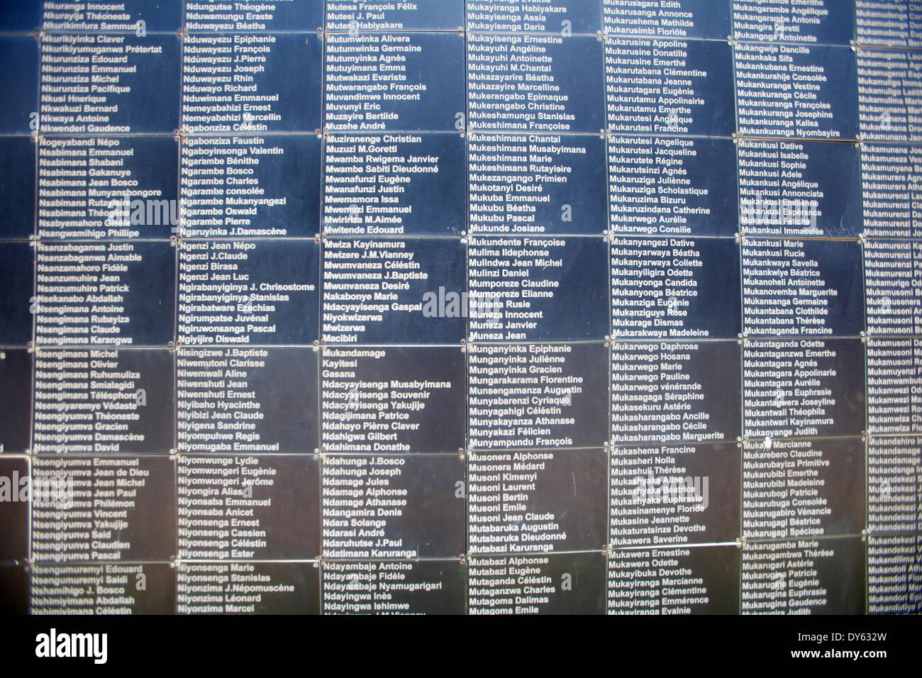Kigali, Rwanda. 6 avril 2014. Un mur du souvenir à l'extérieur du Mémorial du Génocide de Kigali Centre avec certains des noms de personnes tuées sur le site pendant le génocide contre les Tutsis. Cette semaine marque le 20e anniversaire du génocide. Au cours de la période de 100 jours environ à partir de 7 avril 1994 jusqu'à la mi-juillet, on estime que 500 000-1 000 000 Rwandais ont été tués, constituant jusqu'à 20 % de la population totale du pays et 70 % des Tutsi vivant alors au Rwanda. Crédit : Tom Gilks/Alamy Live News Banque D'Images