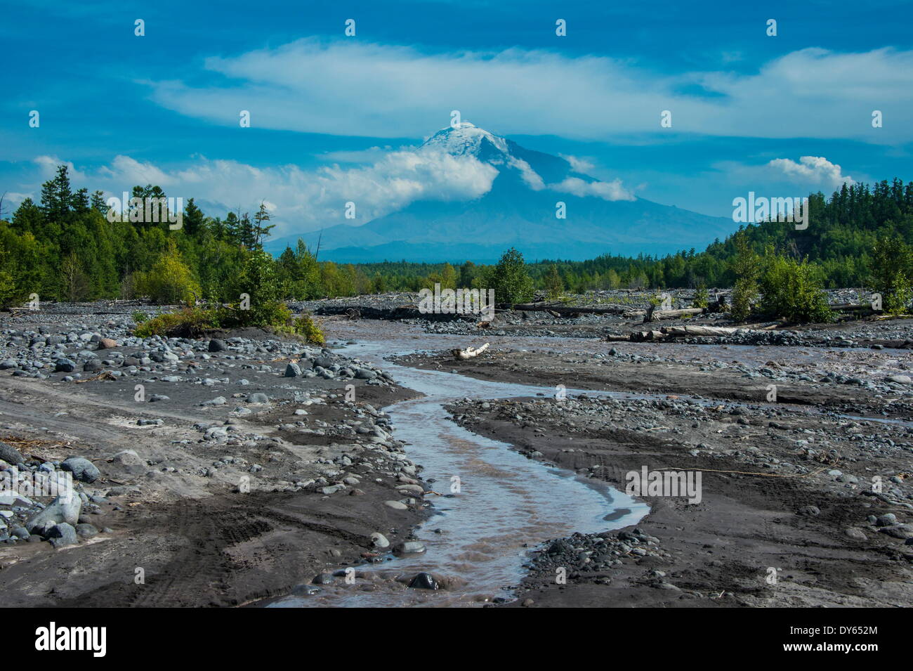 Petit ruisseau en face de la volcan Tolbachik, du Kamtchatka, la Russie, l'Eurasie Banque D'Images