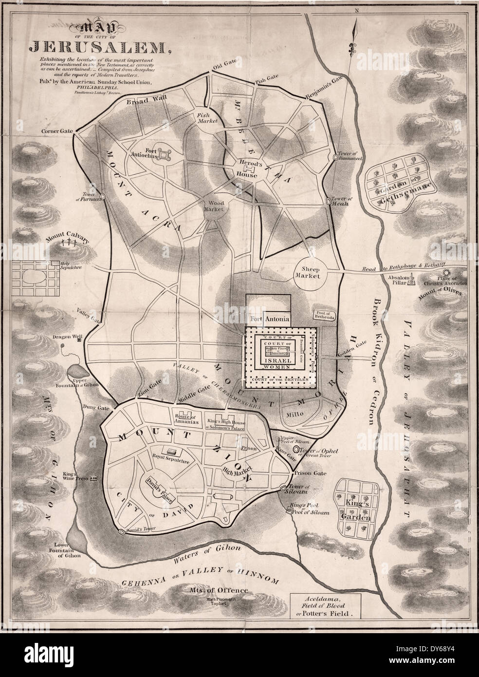 Carte de la ville de Jérusalem : présentant l'emplacement des endroits les plus importants mentionnés dans le Nouveau Testament, aussi correctement qu'on puisse en juger, vers 1875 Banque D'Images