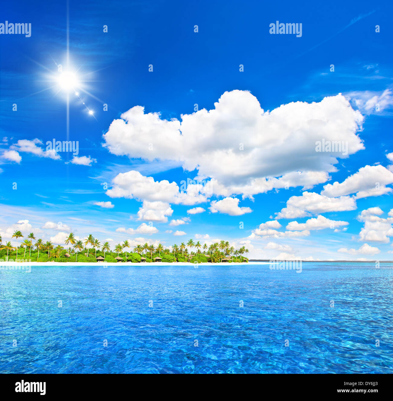 Paysage de l'île tropicale plage avec palmiers et ciel bleu ensoleillé fond vacances. Banque D'Images