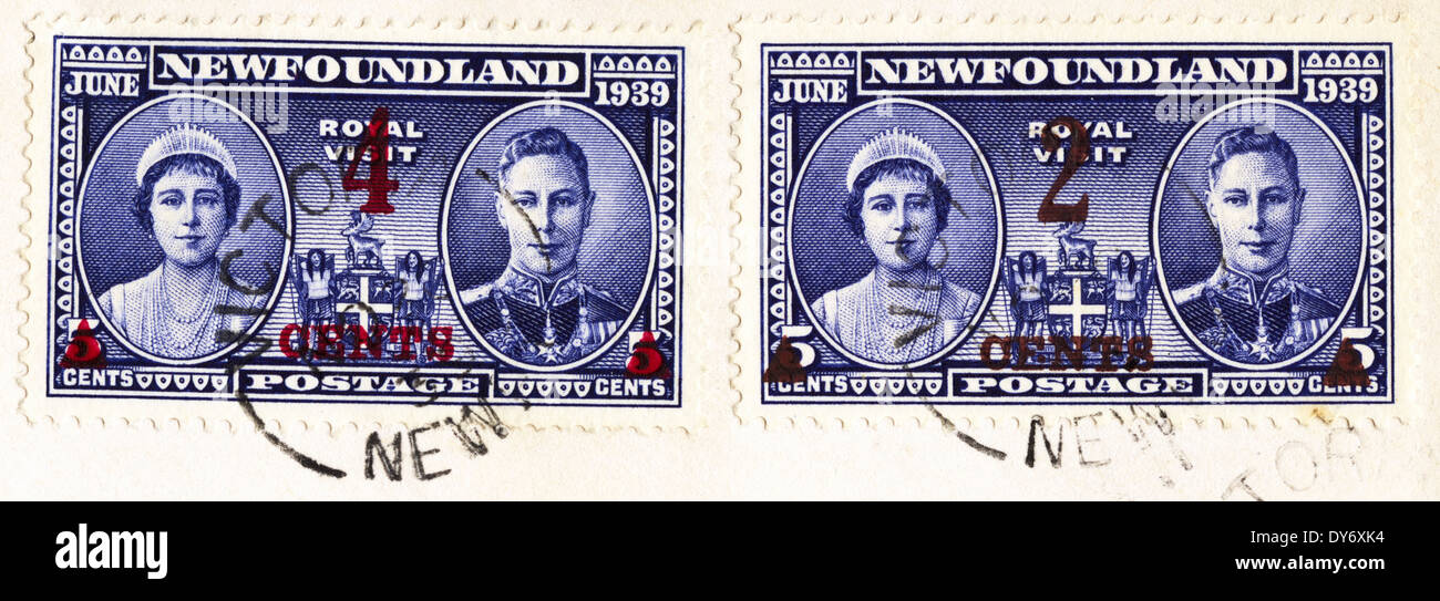 Les timbres commémoratifs du Canada Terre-neuve Visite Royale Victoria cachet de juin 1939 Banque D'Images