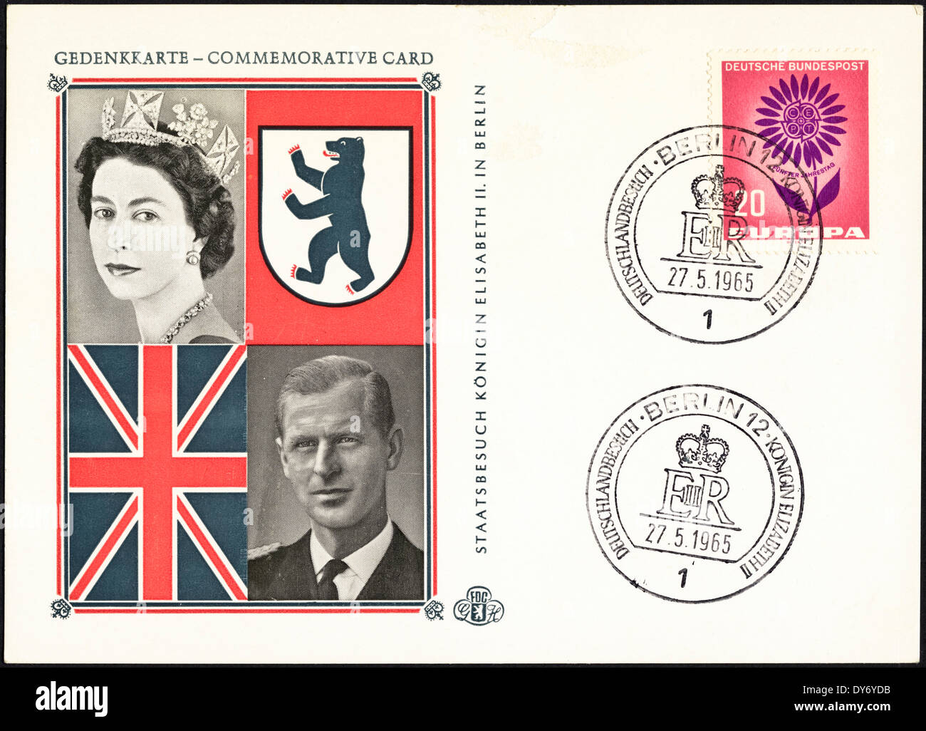 Carte commémorative Allemagne timbres-Reine Elizabeth II visite à Berlin Berlin 27 mai 1965 Le cachet de la Banque D'Images