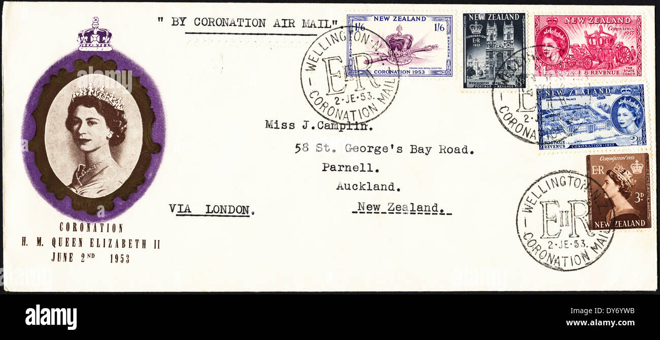 Le pli premier jour commémoratif Nouvelle-zélande timbres-Couronnement de la reine Elizabeth II Wellington cachet 2e juin 1953 Banque D'Images
