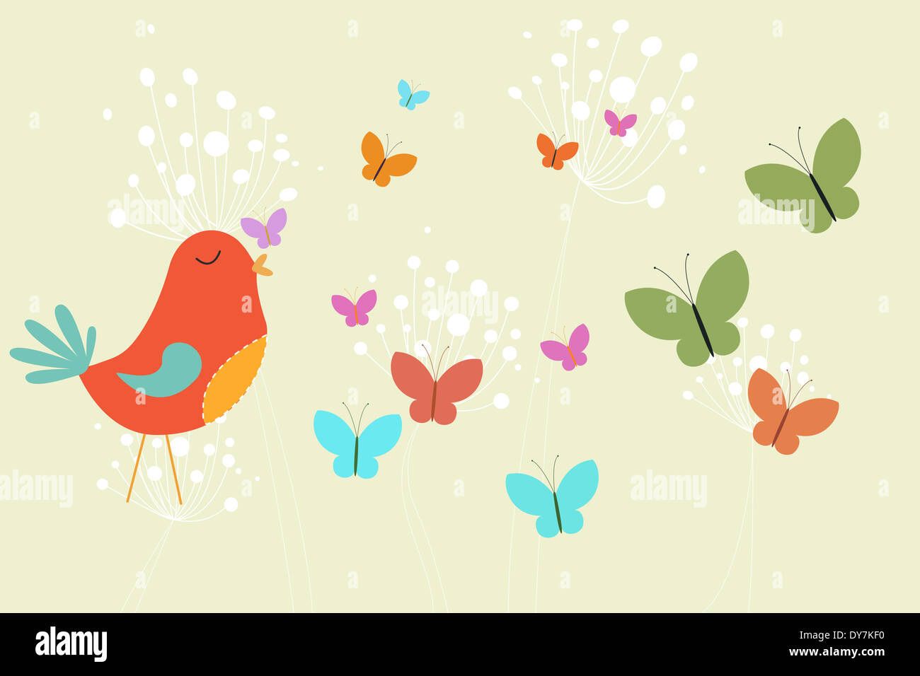 Oiseau Orange avec cœur et les pissenlits Banque D'Images