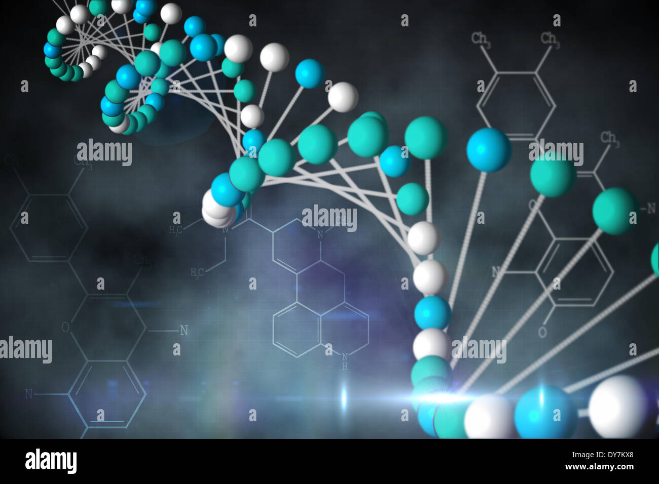 Blue DNA strand avec les structures chimiques Banque D'Images