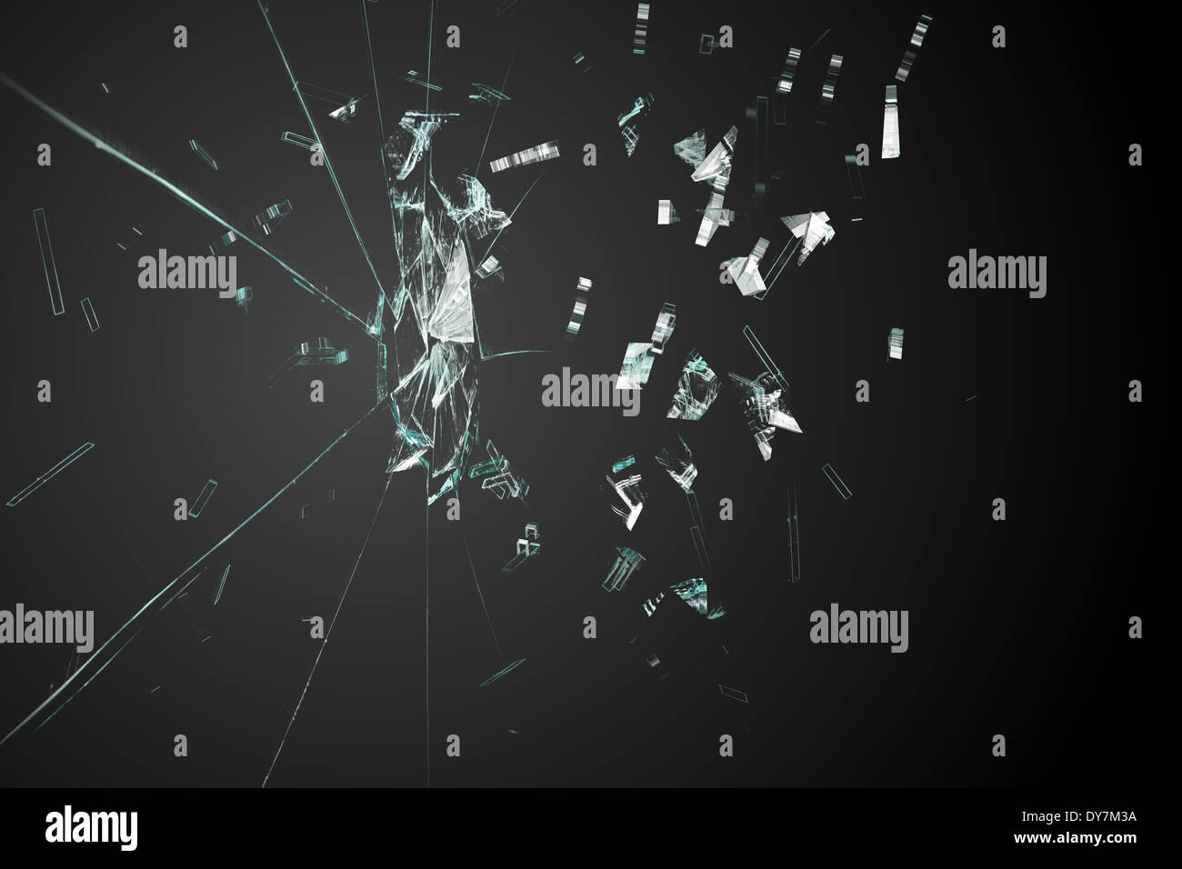 Verre brisé sur fond noir Banque D'Images