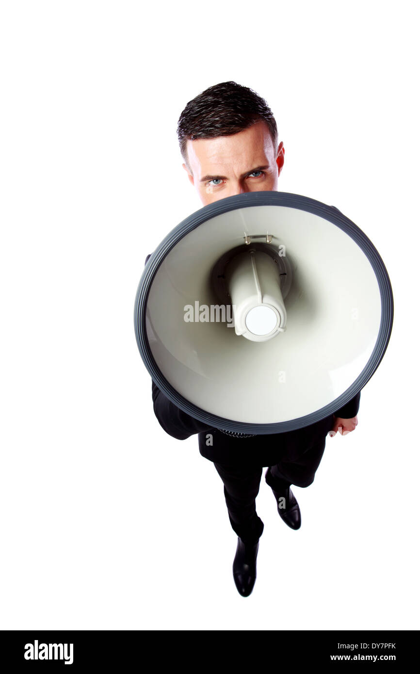 Businessman with megaphone isolé sur fond blanc Banque D'Images