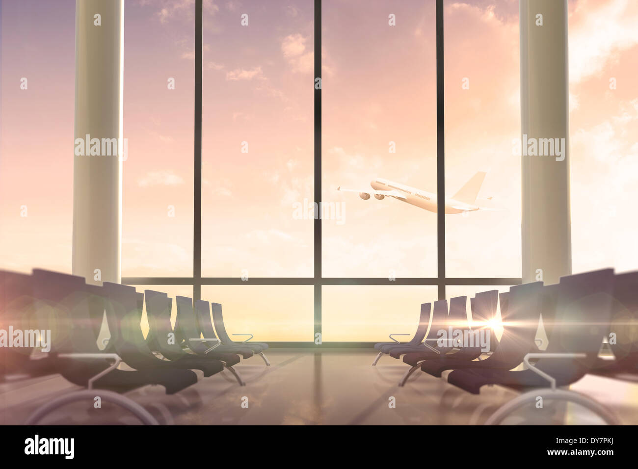 Vol d'un avion passé fenêtre salle des départs Banque D'Images